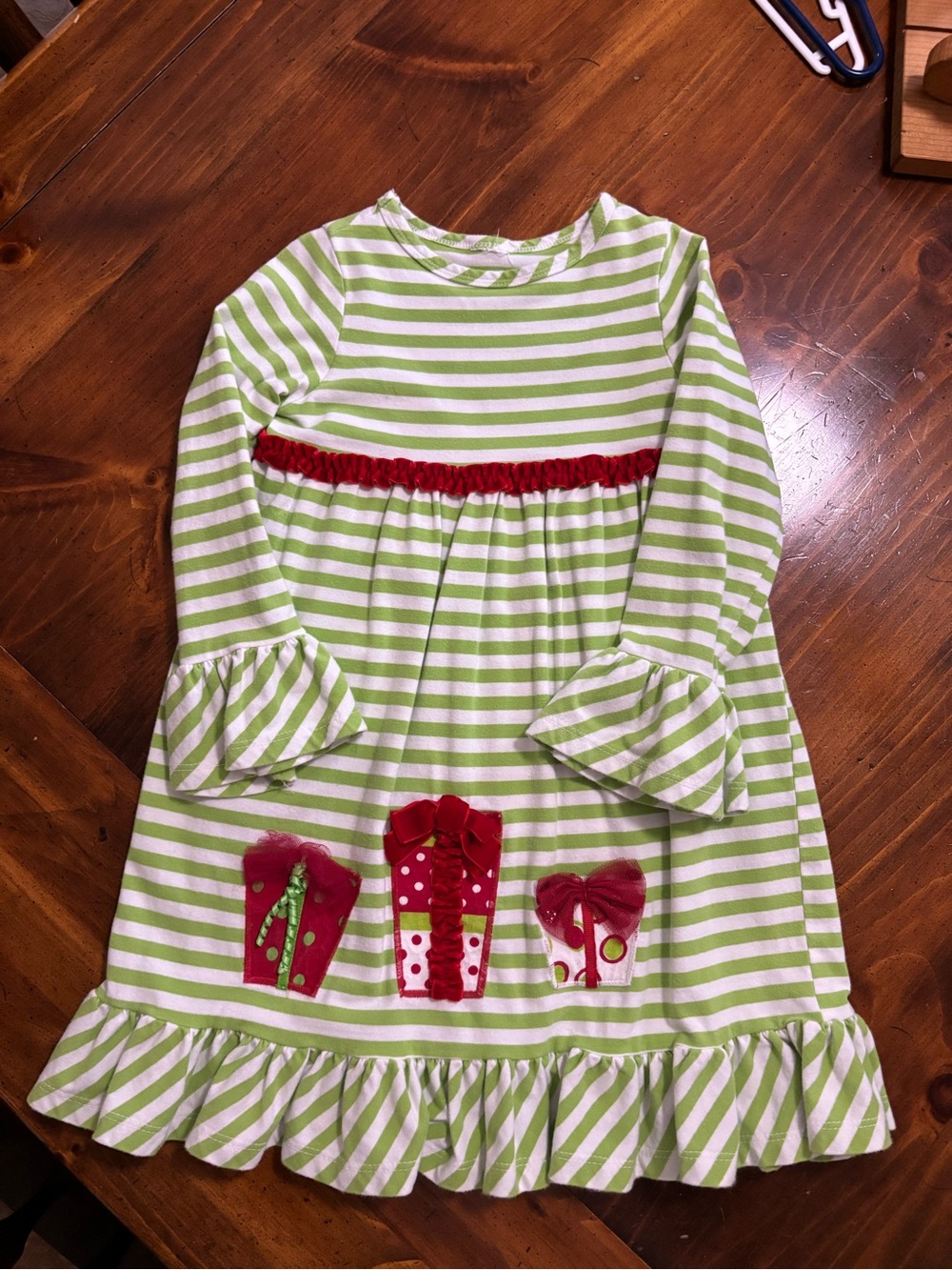 Girl's Green and White Striped Dress with Red Gift Applique